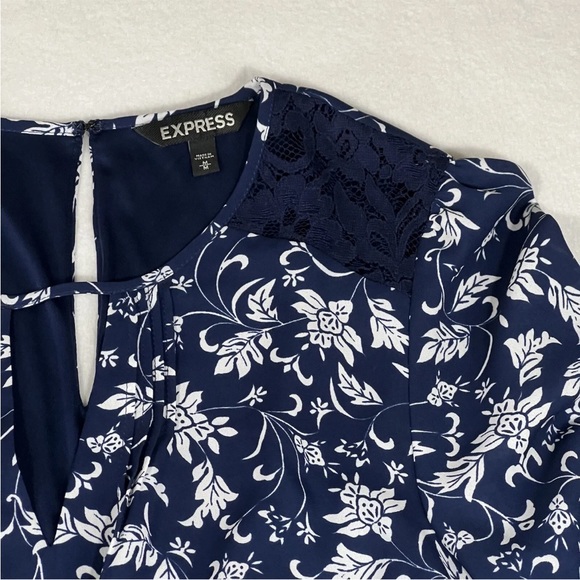 Express Dress Womens Medium Navy Blue Floral Long Sleeve Lace Trim - Picture 12 of 16